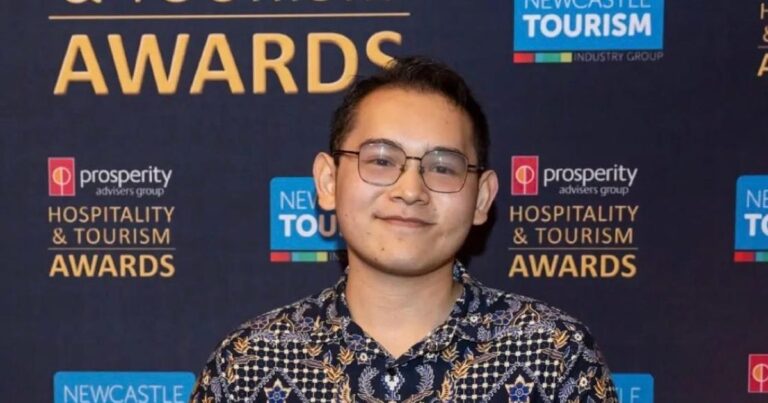 Hunter Education student Leon Oswald with his award at the 2026 Newcastle Hospitality & Tourism Awards